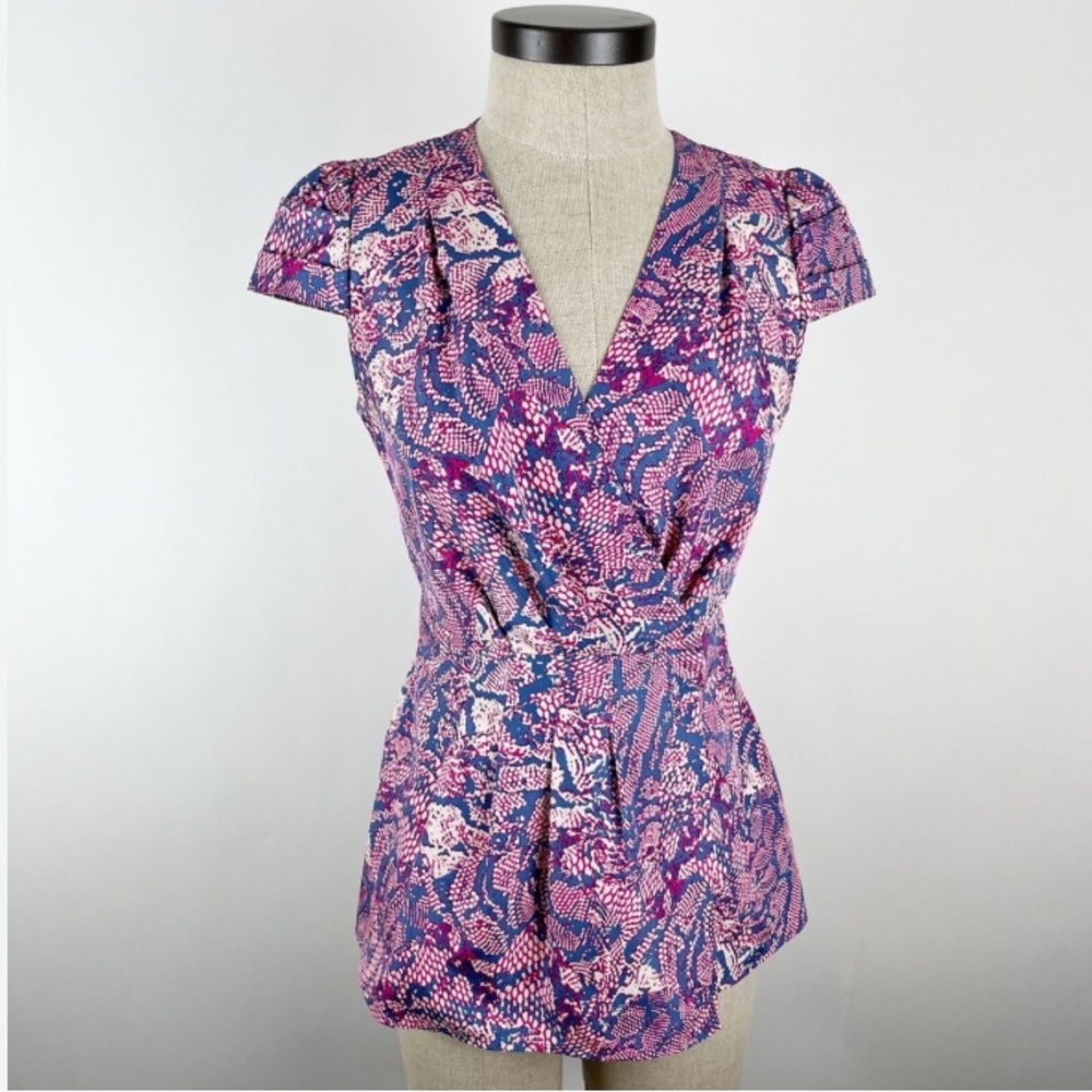 Banana Republic Animal Print Purple and Pink Patterned Wrap Top